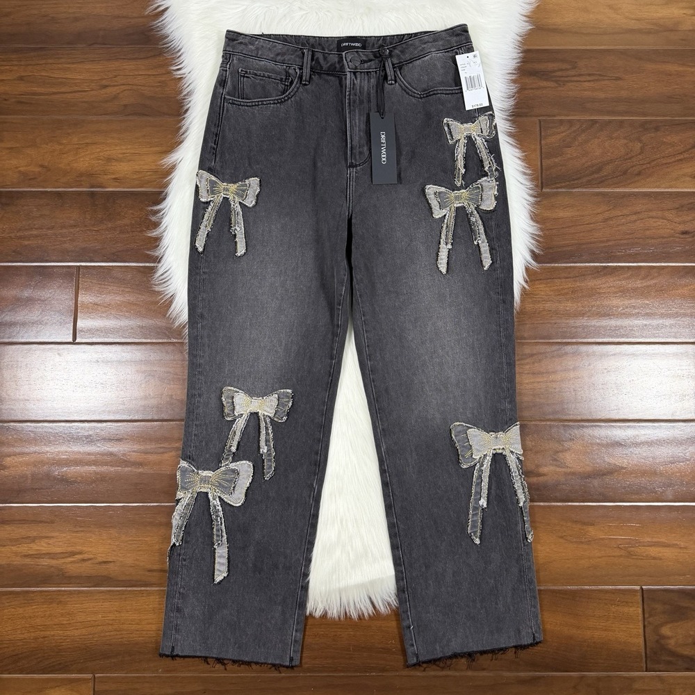 Driftwood Women's Size 29‎ Grey Wash Royce Straight Leg Denim Jeans with Bows